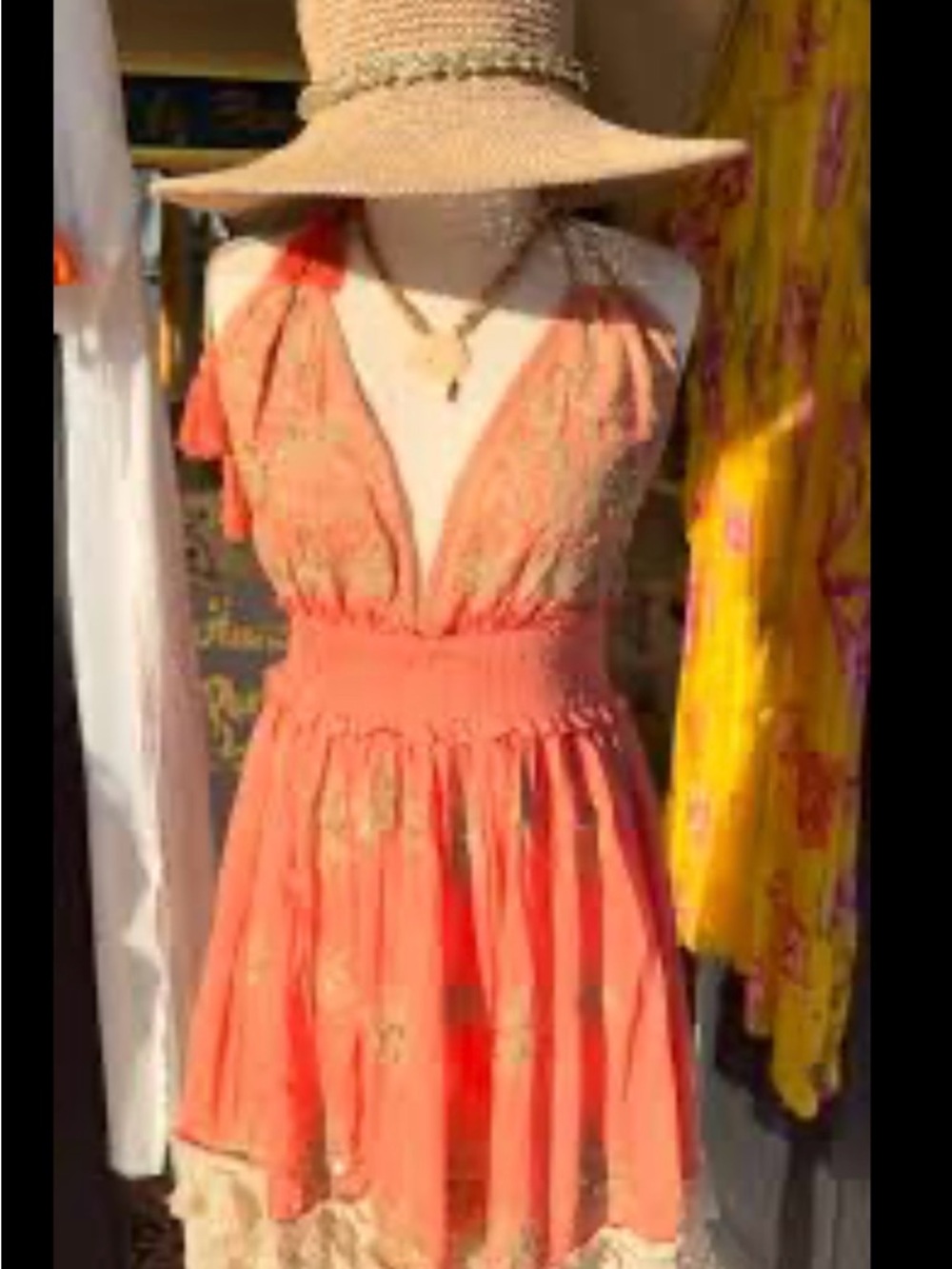Coral Embroidered Halter Mini Dress with Crochet Trim